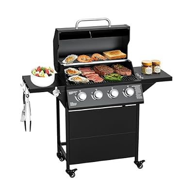 Byacgrill 4-Burner Propane Gas Grill, 40,000 BTU Output Stainless Steel BBQ Grill with 2 Side Tables, Built-in Thermometer, Wheels, Outdoor Cooking for Garden, Patio, Backyard
