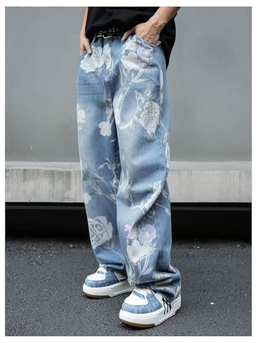 Men's Floral Jeans Hip Hop Wide Leg Casual Baggy Denim Pants with Pockets4