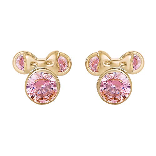 Disney Minnie Mouse 10K Gold Birthstone Stud Earrings, June Light Pink Cubic Zirconia;