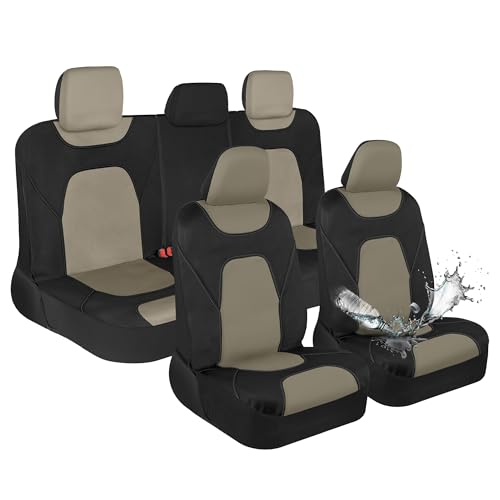 Image of Motor Trend Waterproof Car Seat Covers Full Set - Black & Beige Seat Covers for Car Front & 60 /40 Split Back Bench - Carseat Cover for Trucks, SUV - Universal Fit for Most Regular Size Vehicles