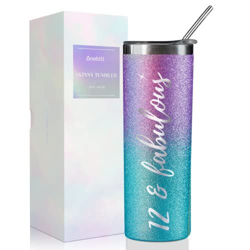 Onebttl Birthday Gifts For 12 Year Old Girl -12 & Fabulous - Tween Girl Gifts, Unique Design 20Oz Blue & Purple Skinny Tumbler, Novelty 12Th Birthday Gifts For Girls, Card And Package Included #TOP13
