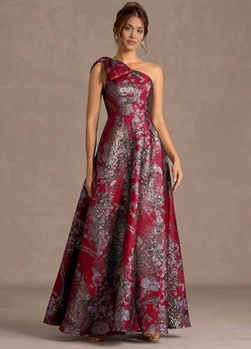 Image of Women's One-Shoulder Wedding Guest Dress A-Line Princess Ball Gown Jacquard Evening Gown Floral Brocade Prom Dress