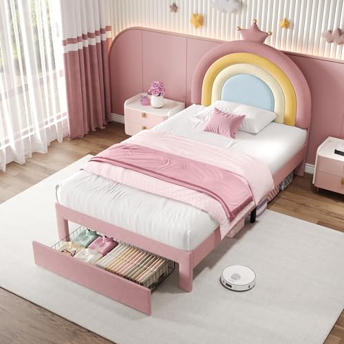 3ft Single Bed Frame, Upholstered Platform Bed with Adjustable Rainbow Headboard and Drawer, Wooden Slats, No Box Spring Needed, Easy Assembly, Velvet Beds for Adults Kids Teenagers, 90x190cm (Pink)