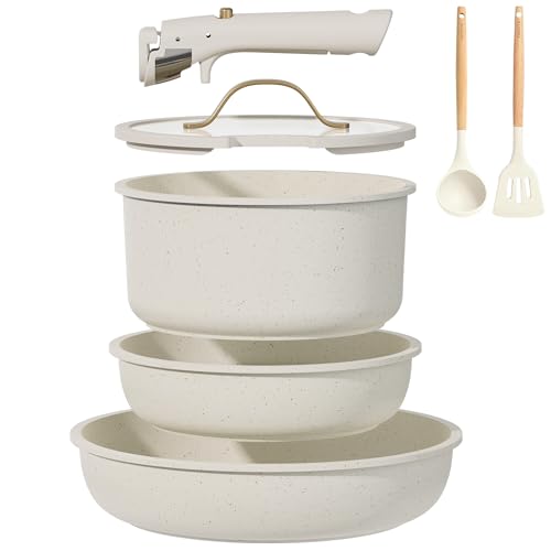 CAROTE 7pcs Pots and Pans Set Non Stick, Cookware Set with Detachable Handle, Kitchen Cookware Sets with Removable Handle, RV Cookware Set, Oven Safe, Cream White