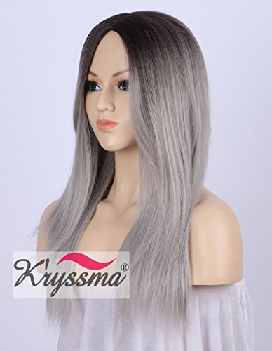 K’ryssma Ombre Gray 2 Tones Synthetic Wigs for Women Natural Looking Dark Roots Long Straight Grey Silver Wig Middle Part Heat Resistant
