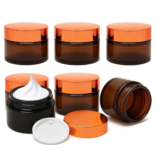 OVBOVA 6 Piezas Tarros de Crema de Vidrio Marrón Vacío, 30ml Envase para Cremas de Viaje, Botes de Ungüento, Tarros de Crema para Cosméticos, Cremas, Lociones, Aceites