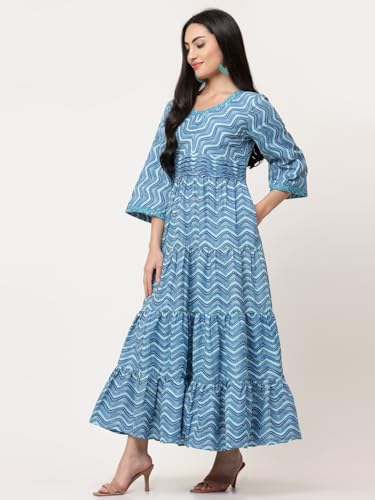 Image of SAVI Women's Pink Cotton Printed Tiered Maxi Dress | Round Neck | 3 /4 Sleeves | Gathered Waist | Flared Long Dress | Casual & Ethnic Wear