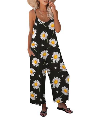 KMAZN Casual mouwloze jumpsuit met bloemenprint voor dames, losse spaghettibandjes, wijde pijpen, strandbroek met zakken, Z-r2040-no Stretch, XL
