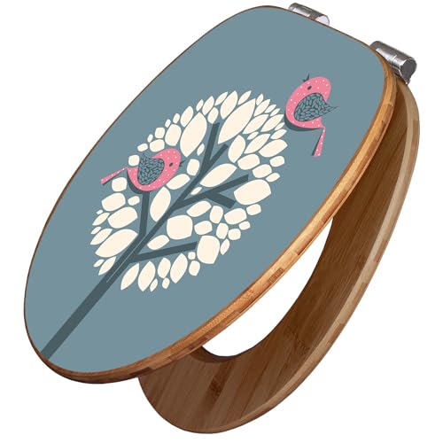 banjado Design WC Sitz Bambus Absenkautomatik 45,8x37,5cm / Toilettendeckel mit Absenkautomatik Holz/hochwertiger Bambus Klodeckel/WC-Sitz für gängigen Toiletten/Motiv Zwei Rosa Vögel