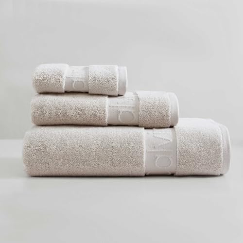 Calvin Klein Iconic Solid Set De Toallas De Baño, 3 Unidades, De Algodón Muy Suave Con Tejido Sin Torsión, Certificado Oeko Tex , Color Beige