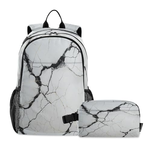 Sac d'école léger et résistant à motif marbre avec pochette repas assortie
