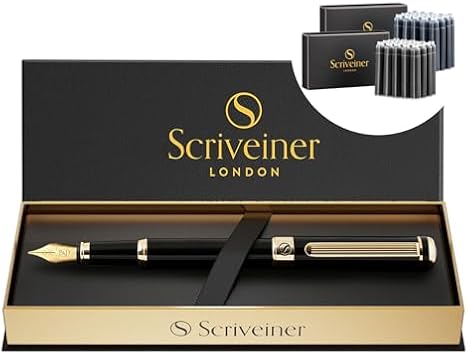 Scriveiner Luxury Fountain Pen - Stunning Black Lacquer Pen, Real Gold Plating, Schmidt Gilded Nib Fine, Bundle with Fountain Pen Ink Cartridges - Black & Blue - 20 Standard International