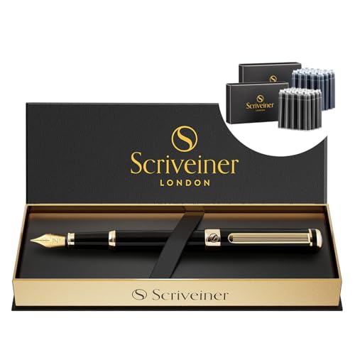 Scriveiner Luxury Fountain Pen - Stunning Black Lacquer Pen, Real Gold Plating, Schmidt Gilded Nib (Fine), Bundle with Fountain Pen Ink Cartridges - Black & Blue - 20 Standard International