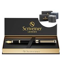 Scriveiner Luxury Fountain Pen - Stunning Black Lacquer Pen, Real Gold Plating, Schmidt Gilded Nib Fine, Bundle with Fountain Pen Ink Cartridges - Black & Blue - 20 Standard International