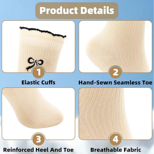 4 Pairs Women's Ribbed Crew Socks, Cute Bow Print Mid-Calf Ankle Sock, Soft Cotton Ruffle Socks for Girls & Ladies, Fashion Coquette-Style Knit Socks for Casual Wear and Gift2