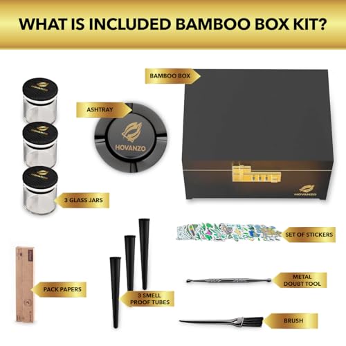 HOVANZO Premium Large Bamboo Storage Box with Removable Tray - Storage Wood Box for Herbs and Accessories - Storage Box Set with Combination Lock - Smell Proof Container with Accessories