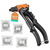 Nietzange, Towallmark Nietzange Set mit 200 Nieten - Popnietenzange Set Blindnietzange, 4-in-1 Ergonomischer Nietzangen/Handnietgerät mit 2,4 mm, 3,2 mm, 4 mm, 4,8 mm Nasenstücke für Metall, Orange