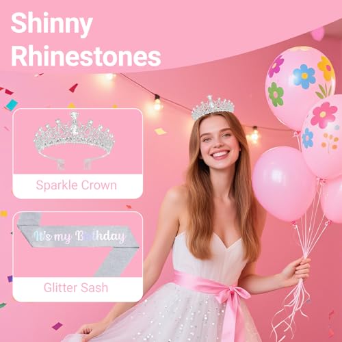 Birthday Tiara and Crown with Sash, Birthday Tiara for Women Party (Silver)