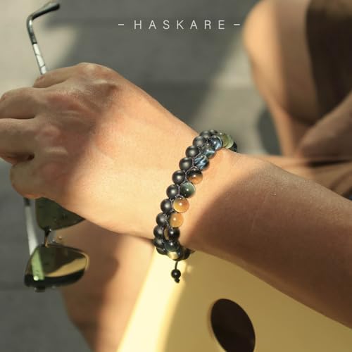 Premium Tiger Eye Bracelet Gifts for Men, HASKARE Energy Protection Crystals Blue Tiger Eye Black Onyx Double Handcrafted Mens Bead Bracelet, Drawstring Beaded Bracelet Natural Stone Bracelets for Man2