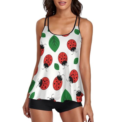 Maillot de bain tankini de créateur imprimé coccinelle sur feuille avec shorty