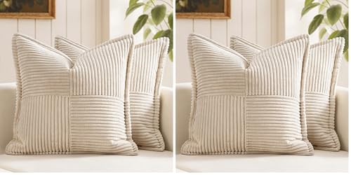 Image of MIULEE Decorative Throw Pillow Covers for Couch Bed Livingroom 18x18 Inch Set of 2 Beige Boho Accent Throw Pllows Broadside Striped Patchwork Soft Corduroy Pillowcases (Pack of 2)
