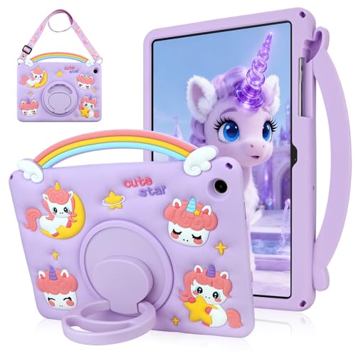 SAMONPOW for Galaxy Tab A11+ Plus 11 Inch 2026 Rainbow Unicorn Samsung Galaxy Tab A9+ Plus Case for Kids Girls Teens with Strap Handle Rotating Stand Silicone Tablet Cover for Tab A9+ Cases Purple by SAMONPOW - Used condition - US$17.46