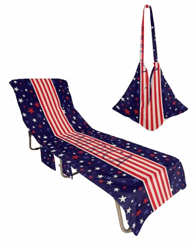 Stars Flag Beach Chair Towel Covers for Chaise Lounge with Side Pocket, Soft Plush Pool Towels Cover for Patio Sunbathing Outdoor 29''x85'' Red Blue Independence Day Stripes Farmhouse