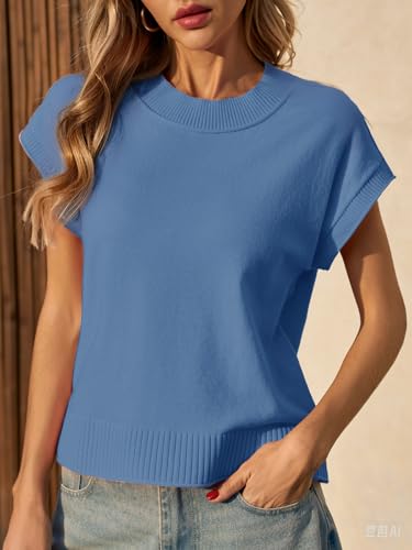 Image of Saodimallsu Womens Cap Short Sleeve Sweater Vest Summer Casual Crew Neck Loose Knit Lightweight Pullover Tank Tops
