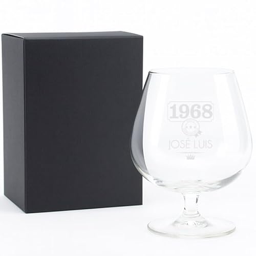 Copa de Coñac Grabada | Copa de Cristal con Caja de Regalo | Copa de coñac personalizada (Año de nacimiento)
