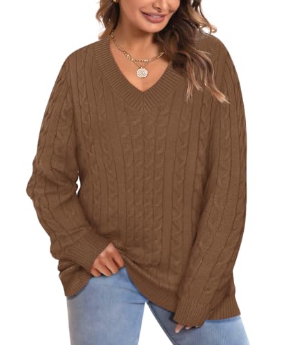 Image of CARCOS Plus Size Sweaters for Curvy Women Long Sleeve Cable V Neck Sweater Knit Pullover Preppy Style Fall Winter XL-5XL