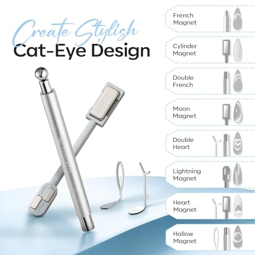 Image of modelones Cat Eye Magnet Set, 5PCS 3-in-1 Dual-Head Nail Magnet Pen with Heart, Lightning & Ball Shapes for Cateye Gel Polish, Side Light Wide Light Glass Glow Effects, DIY Nail Art Tool