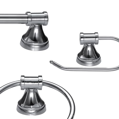 Image of Globe Electric 51234 5-Piece All-in-One Bathroom Set, Chrome, 23 inch 3-Light Vanity Wall Light with Clear Glass Shades, Towel Bar and Ring, Robe Hook, Toilet Paper Holder, Beauty Room Accessories