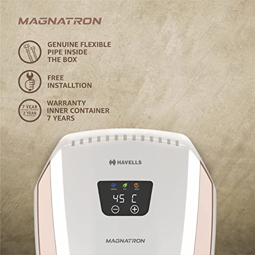 Havells Magnatron 15 Litre Storage Water Heater(Geyser)| No Heating Element| For Hard Water| Minimal Scaling| Energy Saving| Remote Controlled| Free Installation & Flexi Pipe (White Champagne Gold)