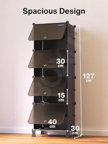 Image of BOXJOY 8 Shelf Shoe Rack with 4 Black Doors, 5 Hook Steel Holder & Wooden Hammer for Home Storage PP Plastic Organizer with Metal Door Frame to Cover Chappal Slipper Sandals Shoes Box Stand (Black)