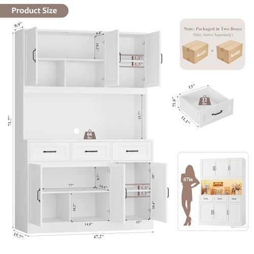 Image of HOSTACK 72 inch Tall Kitchen Pantry Cabinet with Charging Station | LED Lights, 47 inch W Kitchen Pantry Storage Cabinet with Countertop, Modern Kitchens Hutch Cabinets with Storage for Dining Room, White