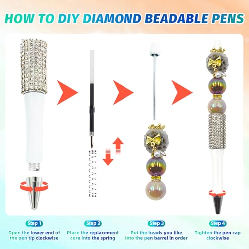 Image of 75 Pcs DIY Diamond Beadable Pen Kit - 25 Plastic Rhinestone Beaded Pens Bulk with Refills & Bags - Fancy Cute Glitter Pens for Crafting, Students & Teachers - School Supplies (White)