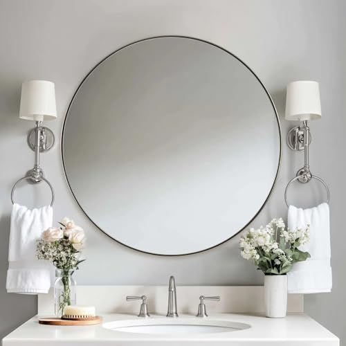 Image of ANDY STAR 28 inch Brushed Nickel Bathroom Mirror, Round Brushed Nickel Vanity Mirror, Silver Circular Mirror in Stainless Steel Metal Frame for Wall Decor, Living Room, Powder Room