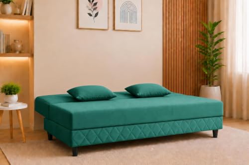 Image of Deco Studio 3 Seater Sofa Bed | Premium Upholstered Velvet Fabric Folding Couch for Living Room, Guest Room & Bedroom | Quilted Backrest with 2 Cushions (Green)