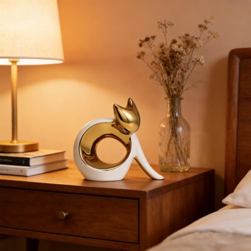 Figura de gato cerámico blanco y dorado electrochapado moderno miniatura 6