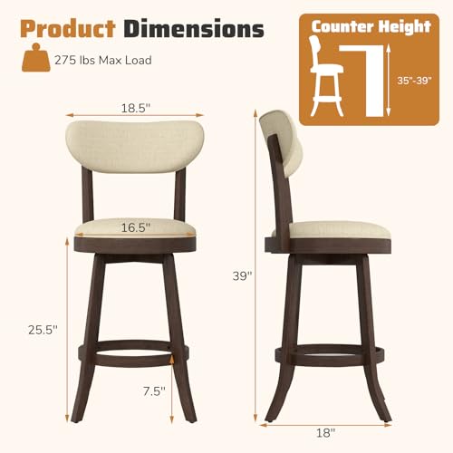 GIANTEX Butacos giratorios de madera Rubberwood con asiento tapizado en lino y espuma, altura de barra de 25.5" – Set de 2 miniatura 3