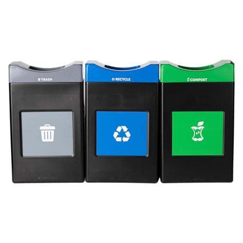 Avante™ Series Made in The USA, Black Triple-Stream,Trash, Recycling and Compost Center, 3-30-gallon Shallow Units, Open Top, Liners Included