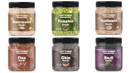 Image of Nutribasket's Combo Pack of Watermelon Chia Flax Basil Pumpkin Sunflower Seeds || Best Daily Super Seeds Mix | Perfect for Gifting| (250GM EACH, COMBO 6 SEEDS)