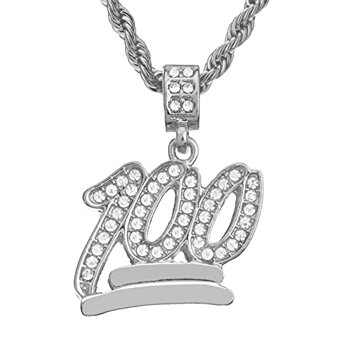 Iced 14K Gold, Silver Plated Simulated Diamond EMOJI 100 Pendant & 4mm 24" Rope Chain Hip Hop Jewelry Fashion Necklace Gift4