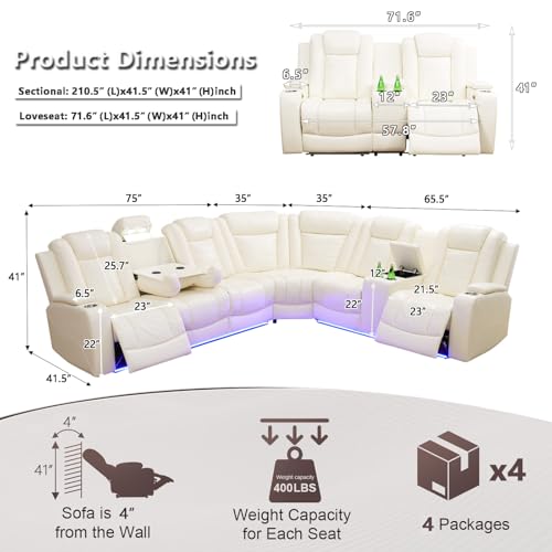 Image of Power Recliner Sectional Sofa Set, Living Room Furniture Sets, L-Shaped Recliner Sofa & Loveseat, Breathing Leather Sectional Reclining Couch with Cup Holders for Living Room