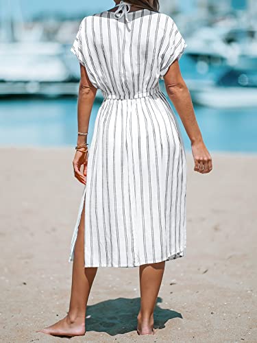 CUPSHE Women's Midi Beach Cover Up Dress V Neck Short Sleeve Striped Bathing Suit Coverups XS-XXL White, M - Image 2