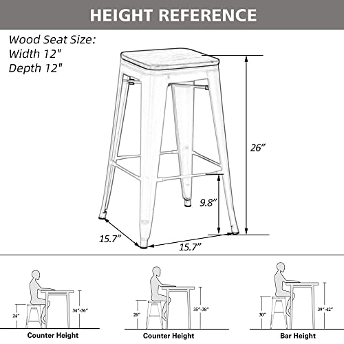 Set de 4 Butacos Metálicos sin Respaldo de 26" (Plata) | Taburetes para Isla de Cocina con Asiento de Madera, Estilo Industrial y Apilables, para Comedor, Granja y Cafetería miniatura 2