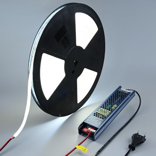 BENLUN 48V COB Ledstrip Buiten Waterdicht 20m Kit, 6000K Koel Wit Waterdichte LED Strip Snijdbaar 8W/M CRI 92 met Voeding voor Slaapkamer Plafond Woonkamer Huis Akoestische Panelen