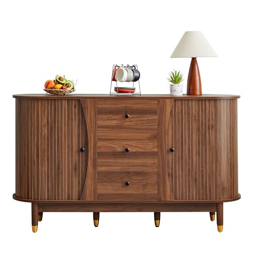 Bifins 55inch Sideboard Buffet Cabinet with Drawer,Oval Curved Sideboard with Tambour Sliding Door,Walnut Buffet Storage Cabinet for Dining Room Living Room Entryway