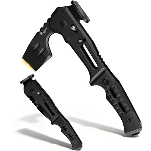 HX OUTDOORS Klappbare Taktische Axt Survival Multitool DC53 Stahlklinge mit Schwarzem Titan Camping Axt mit Hammer & Flaschenöffner Klappbarer G10 Griff Beil für Survival Szenarien