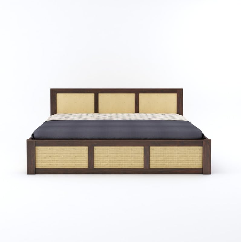 Image of Solid Sheesham Wood Queen Size Bed with Box Storage for Bedroom Home Living Room Hotel Wooden Double Bed Cot Palang Furniture (Walnut Finish)